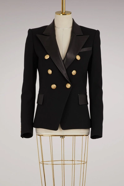 Shop Balmain Wool Jacket With Leather Collar In Noir C0100
