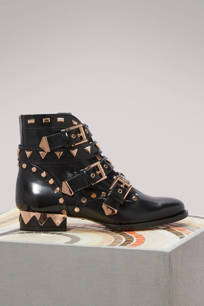 Shop Sophia Webster Riko Biker Ankle Boots In Black & Rose Gold