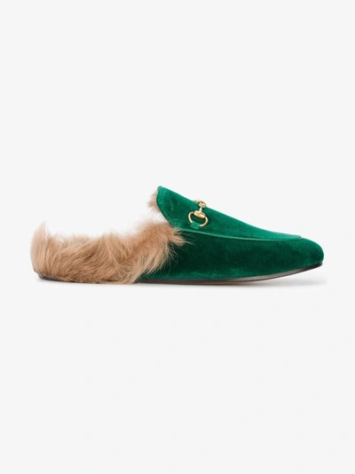 Shop Gucci Emerald Princetown Velvet Fur Lined Mules In Green