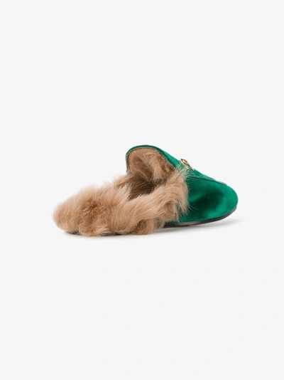 Shop Gucci Emerald Princetown Velvet Fur Lined Mules In Green