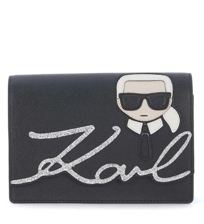 Shop Karl Lagerfeld Ikonik Shoulder Bag With Glitter And Embroidered Print In Nero