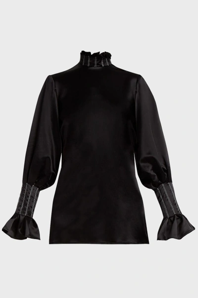 Shop Beaufille Athena Ruffled Embroidered Satin Blouse In Black