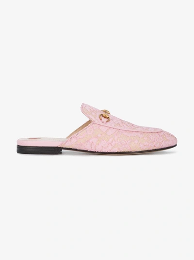 Shop Gucci Pink Lace Princetown Mules