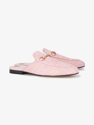 Shop Gucci Pink Lace Princetown Mules