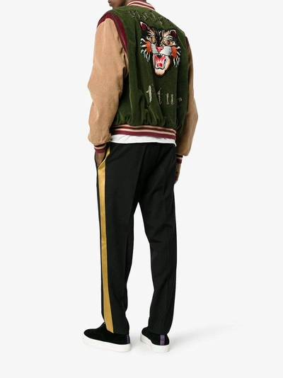 Shop Gucci Angry Cat And Floral Embroidered Bomber Jacket In Green