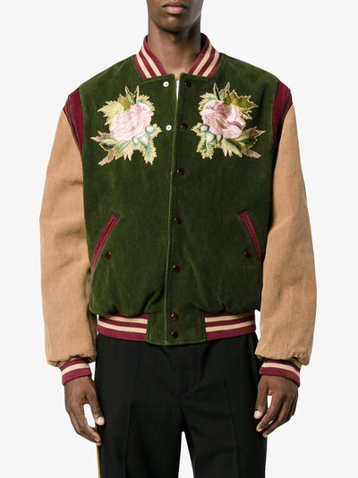 Shop Gucci Angry Cat And Floral Embroidered Bomber Jacket In Green