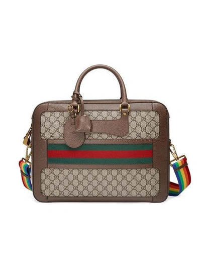 Shop Gucci Gg Supreme Briefcase With Web - Brown