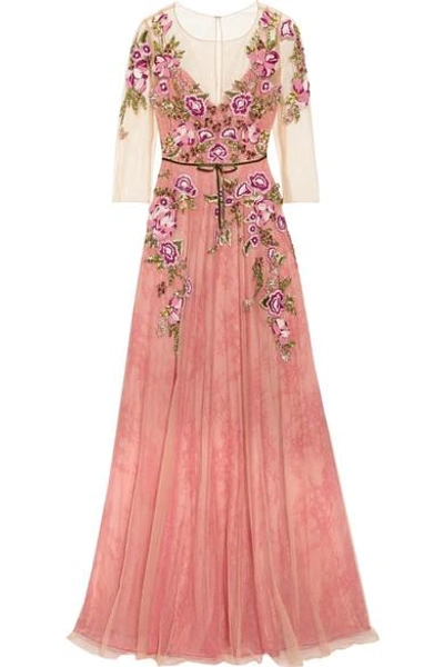 Shop Marchesa Notte Embroidered Tulle Gown In Pink