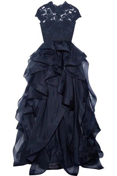 Shop Reem Acra Corded Lace And Ruffled Silk-organza Gown In Navy