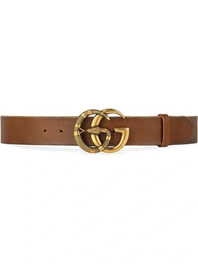 Shop Gucci Leather Belt With Double G Buckle With Snake In Brown