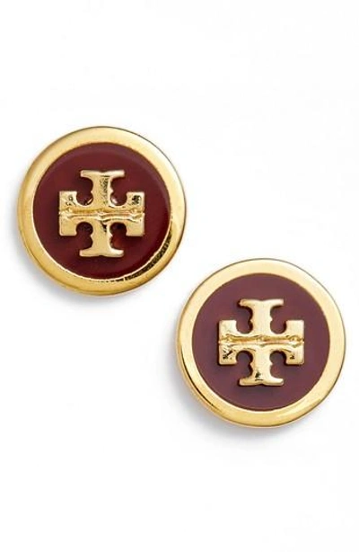 Shop Tory Burch Logo Stud Earrings In Tuscan Wine / Tory Gold