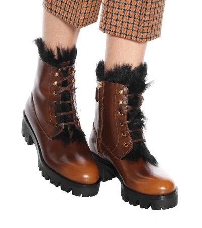 Shop Prada Fur-trimmed Leather Ankle Boots In Brown