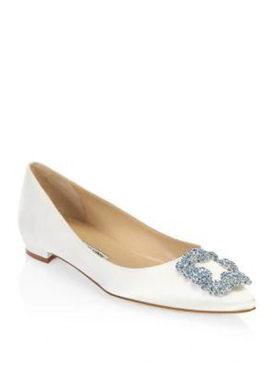 Shop Manolo Blahnik Hangisi 25 Embellished Satin Flats In White