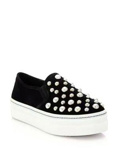 Shop Alice And Olivia Sasha Suede And Faux Pearl Slip-on Trainers In Black