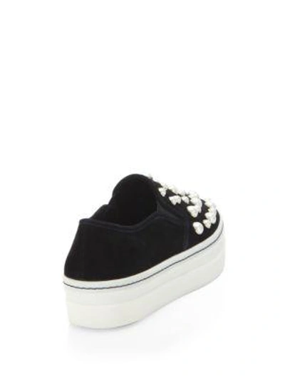 Shop Alice And Olivia Sasha Suede And Faux Pearl Slip-on Sneakers In Black