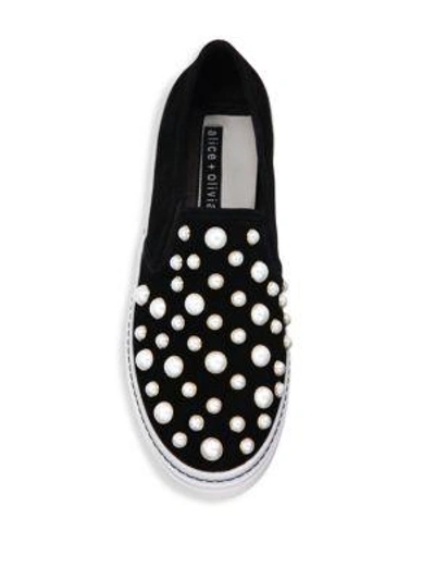 Shop Alice And Olivia Sasha Suede And Faux Pearl Slip-on Sneakers In Black