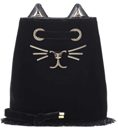 Shop Charlotte Olympia Feline Petit Velvet Bucket Bag In Black