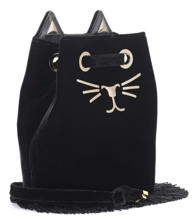 Shop Charlotte Olympia Feline Petit Velvet Bucket Bag In Black