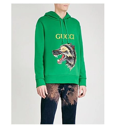 Gucci Wolf Cotton-jersey Hoody In Green | ModeSens