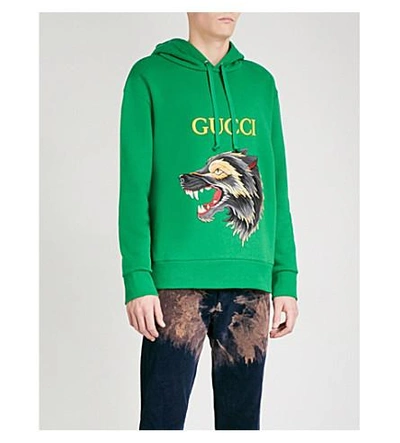 Gucci Wolf Appliqué Cotton-jersey Hoody In Bright Green | ModeSens