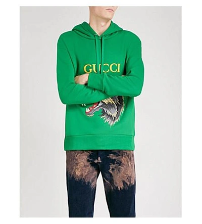 Gucci Wolf Appliqué Cotton-jersey Hoody In Bright Green | ModeSens