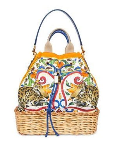 Shop Dolce & Gabbana Maiolica Wicker Drawstring Bag In Multi Print