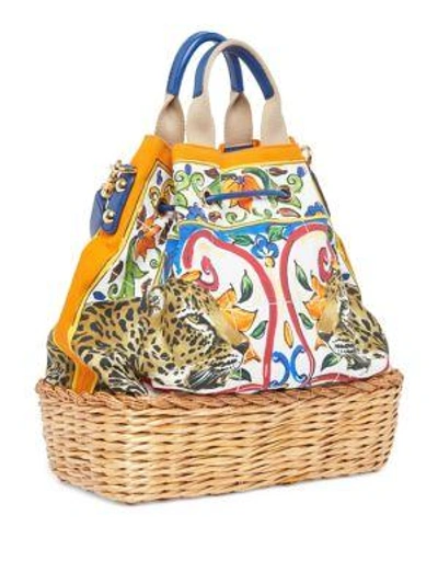 Shop Dolce & Gabbana Maiolica Wicker Drawstring Bag In Multi Print