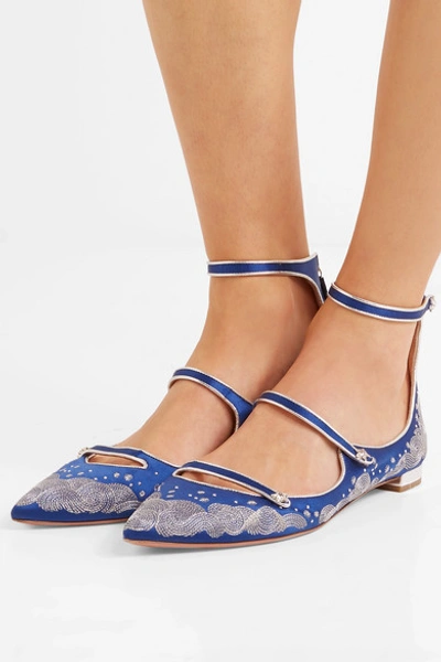 Shop Aquazzura + Claudia Schiffer Cloudy Star Embroidered Satin Point-toe Flats In Blue