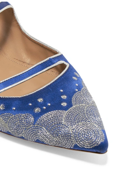Shop Aquazzura + Claudia Schiffer Cloudy Star Embroidered Satin Point-toe Flats In Blue