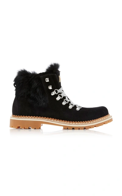 Shop Montelliana Camelia Fur-trimmed Suede Lace-up Boots In Black