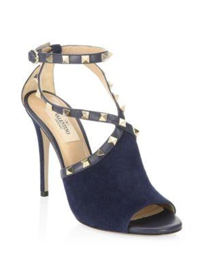 Shop Valentino Rockstud Suede Sandals In Marine