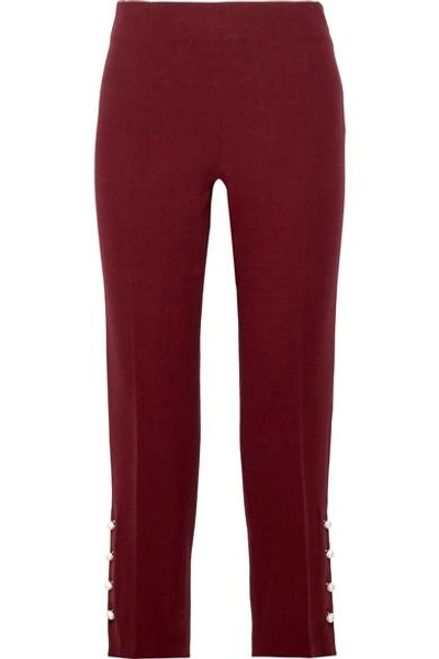 Shop Lela Rose Faux Pearl-embellished Wool-blend Crepe Slim-leg Pants In Burgundy