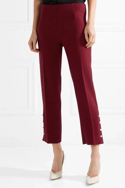 Shop Lela Rose Faux Pearl-embellished Wool-blend Crepe Slim-leg Pants In Burgundy