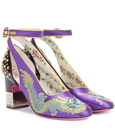 Shop Gucci Embroidered Satin And Leather Pumps In Purple
