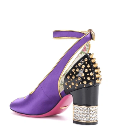 Shop Gucci Embroidered Satin And Leather Pumps In Purple