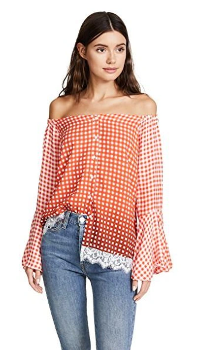 Shop Ella Moon Bardot Blouse In Coral Gingham