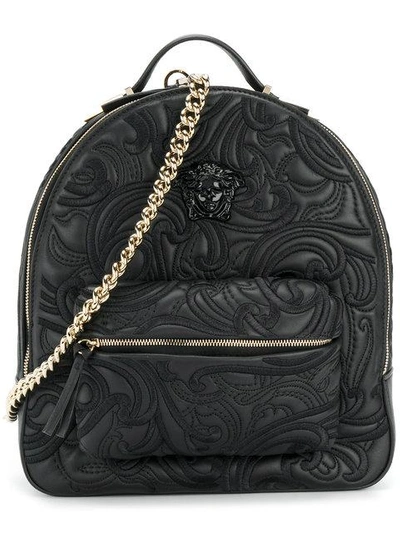 Shop Versace Embroidered Embossed Backpack In Black