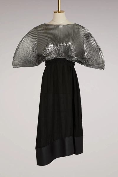Shop Loewe Pleated Lurex Long Dress In Silver/black