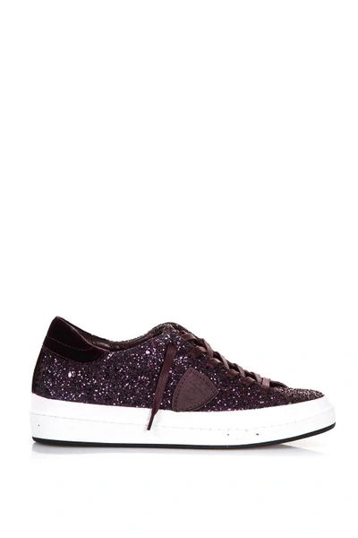 Shop Philippe Model Glittered Leather Low-top Sneakers In Cyclamen