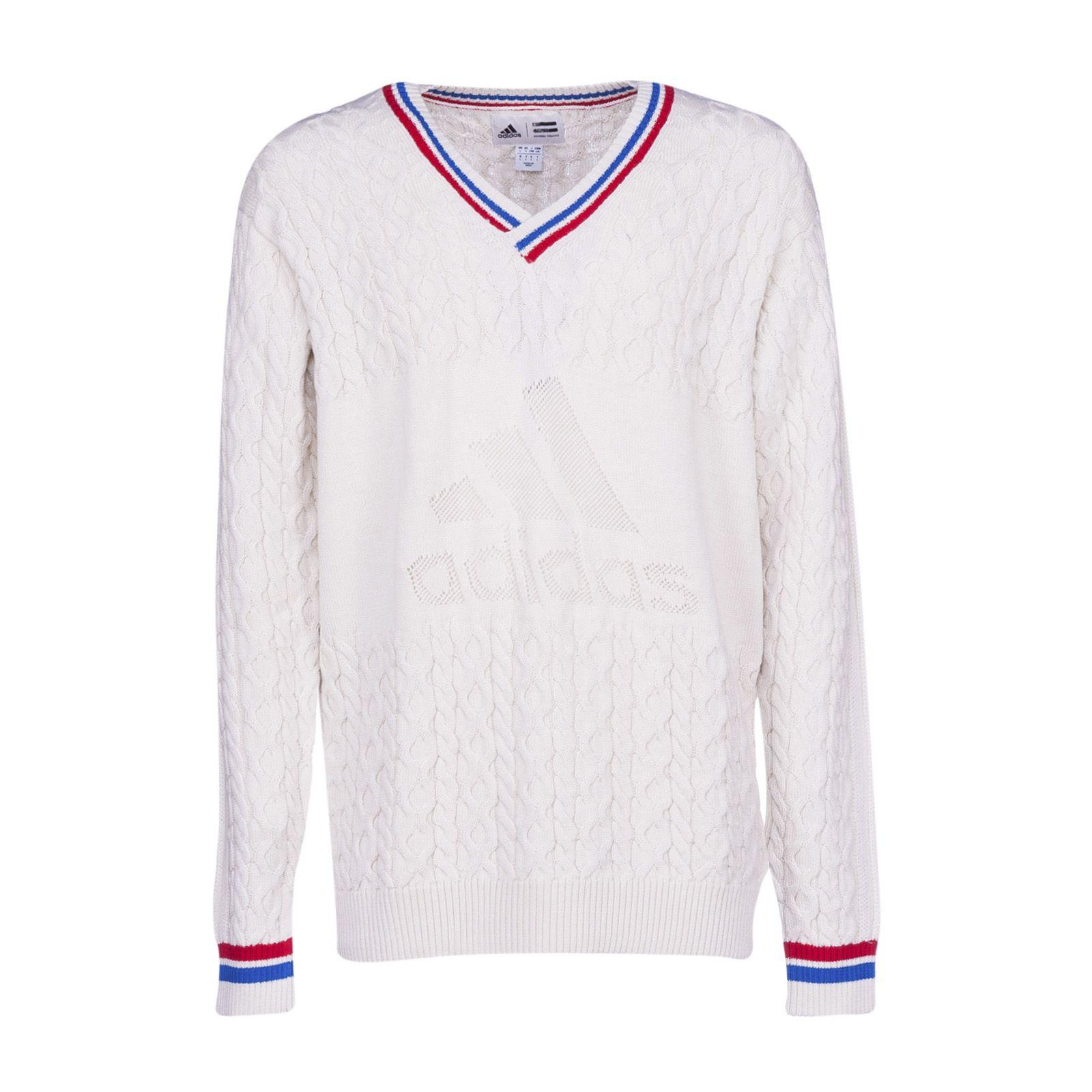 Adidas Originals By Pharrell Williams Logo Intarsia V-neck Cable Knit  Sweater In White | ModeSens