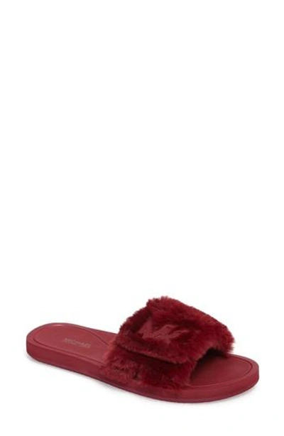 Shop Michael Michael Kors Mk Logo Slide In Mulberry Faux Fur