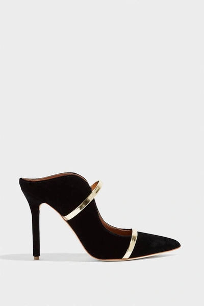 Shop Malone Souliers Maureen Metallic Leather-trimmed Velvet Mules In Black