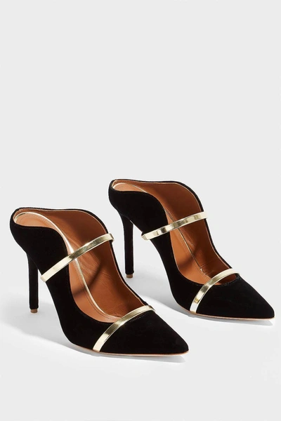 Shop Malone Souliers Maureen Metallic Leather-trimmed Velvet Mules In Black