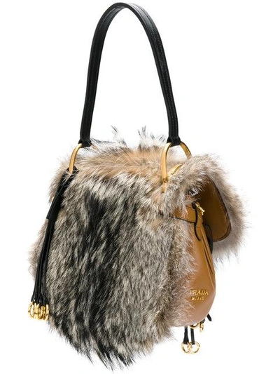 Shop Prada Fox Fur City Shoulder Bag - Brown