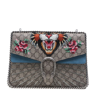 Shop Gucci Dionysus Embroidered Gg Supreme Shoulder Bag In Beige