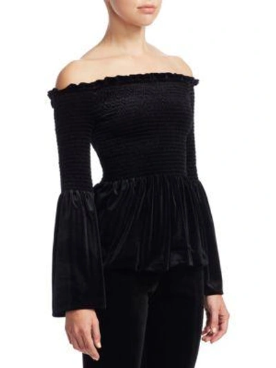 Shop Scripted Puckered Velvet Bell-sleeve Top In Black