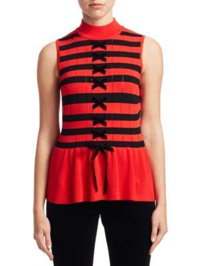 Shop Scripted Sleeveless Lace-up Peplum Sweater In Red Black Stripe