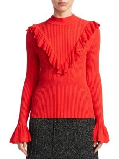 Shop Scripted Ruffle Mockneck Sweater In Brilliant Poppy