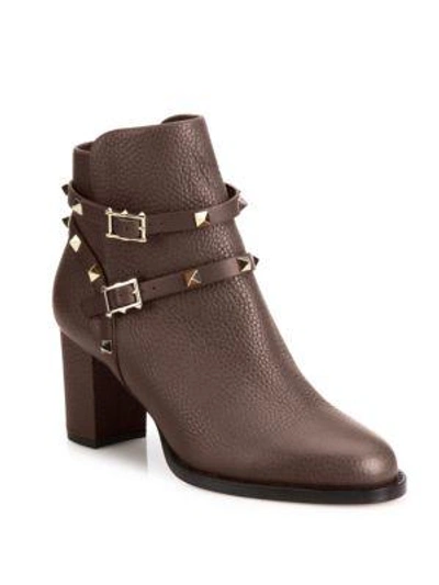 Shop Valentino Rockstud Pebbled Leather Block Heel Booties In Brown