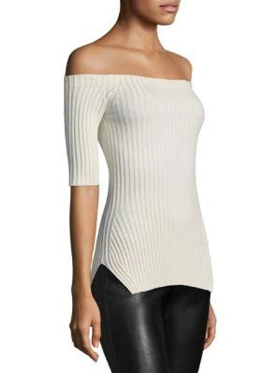 Shop Helmut Lang Ribbed Off-the-shoulder Silk Top In Angora